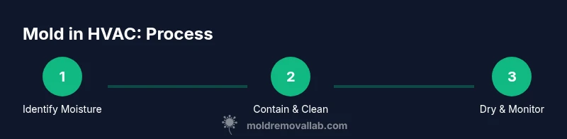 Three-step infographic showing identify moisture, contain and clean, then dry and monitor for mold in hvac