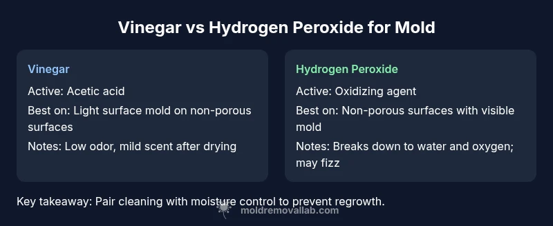 Infographic comparing vinegar and hydrogen peroxide for mold cleanup on surfaces