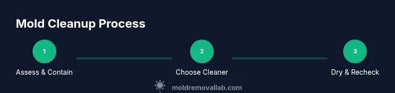 Infographic showing mold cleanup steps: assess, choose cleaner, dry