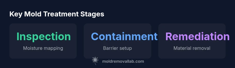 Infographic showing mold treatment stages: inspection, containment, remediation
